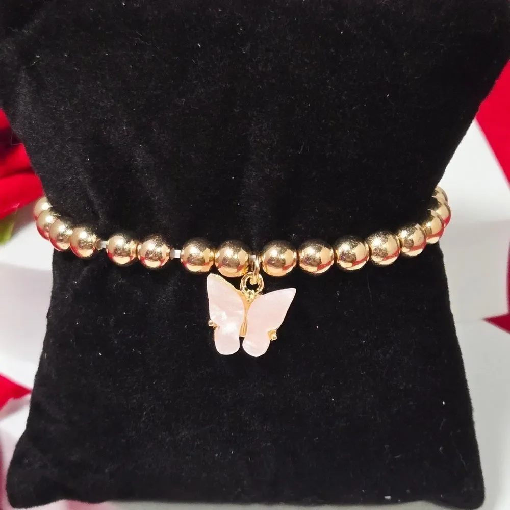 Pink Pearl Butterfly Charm Gold Beaded Bracelet Girls Tween Petite Spring Fairy